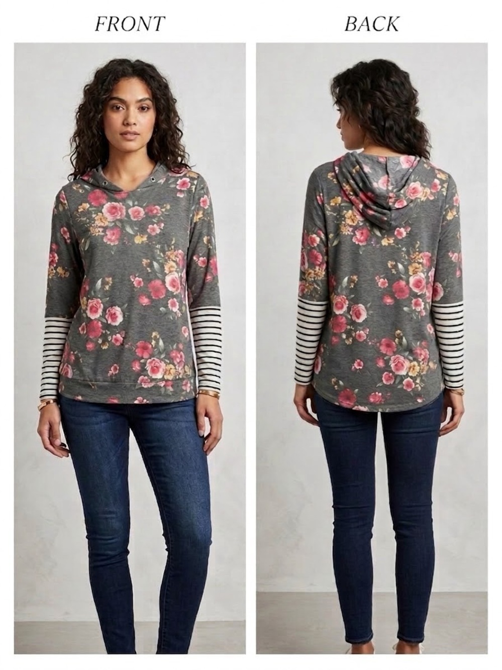 Honey ME Lightweight Floral & Striped Sleeve Pullover Hoodie - Size L
